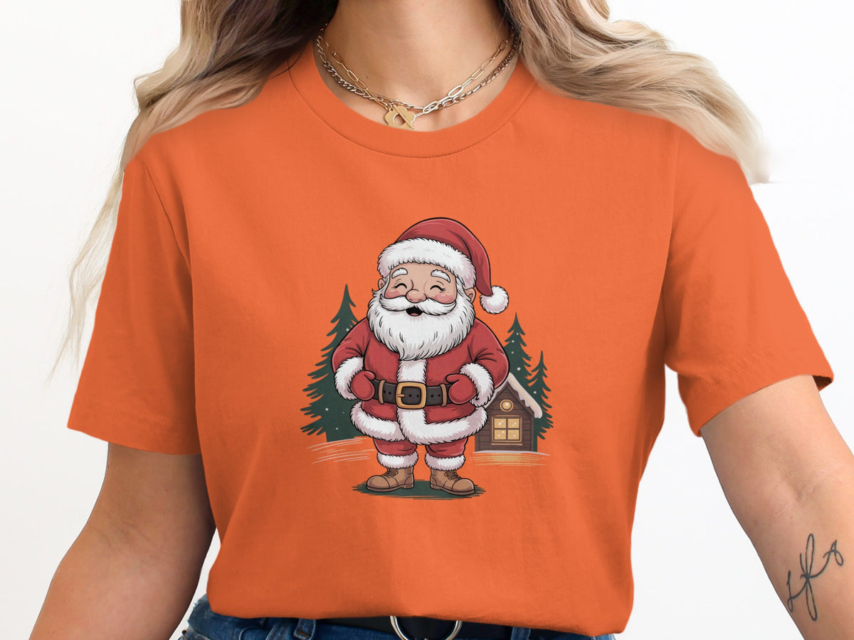 Illustration of Santa Claus standing in front of a cabin and pine trees.