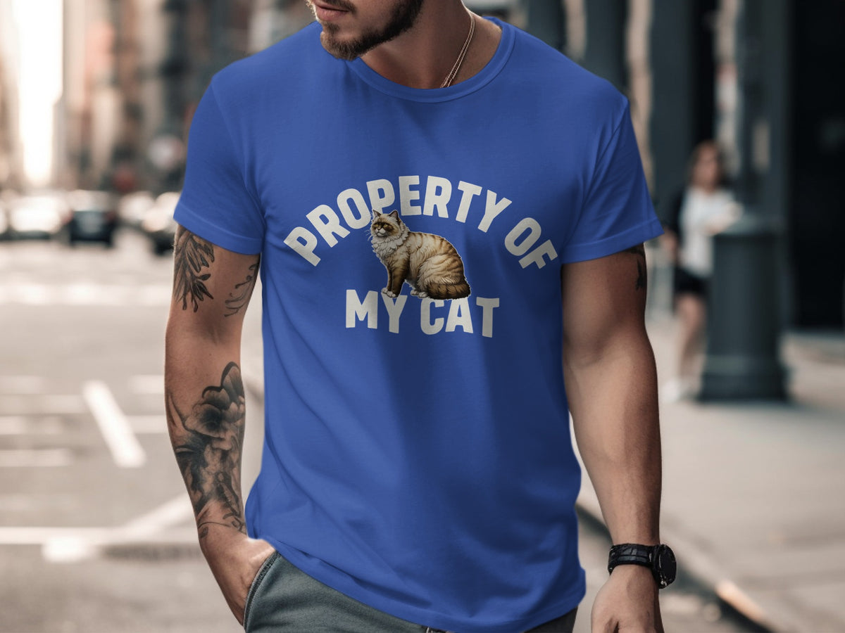 Blue t-shirt with "PROPERTY OF MY CAT" text and a cat graphic.