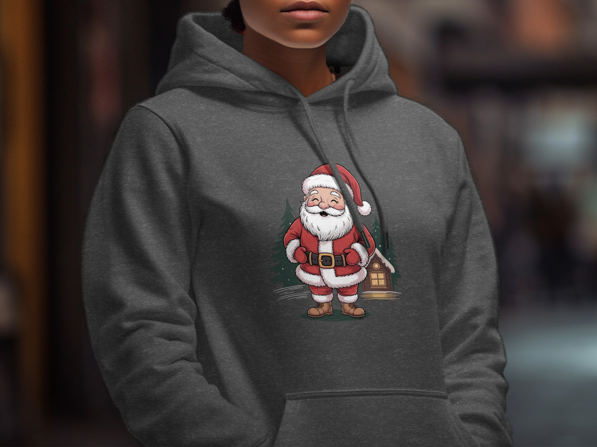 A person wearing a dark gray hooded sweatshirt printed with a cartoon Santa Claus graphic.