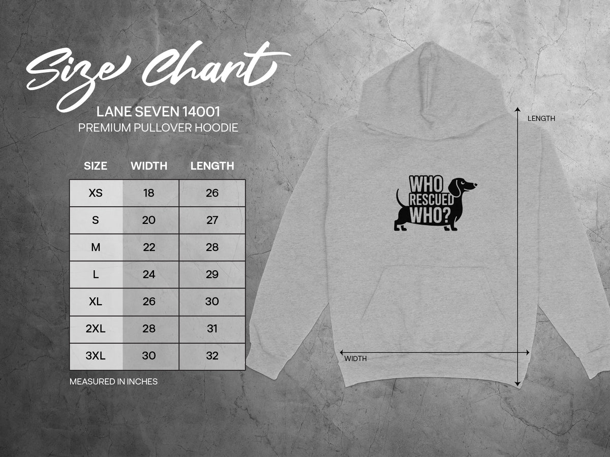 Lane Seven 14001 hoodie size chart with dachshund graphic.