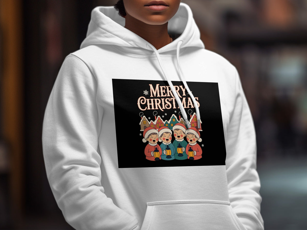 White hoodie with a black rectangle featuring "Merry Christmas" and cartoon carolers.