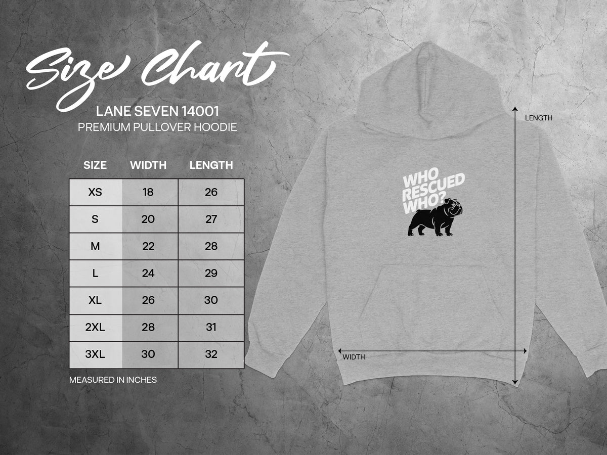 Lane Seven 14001 hoodie size chart with measurements and bulldog graphic.