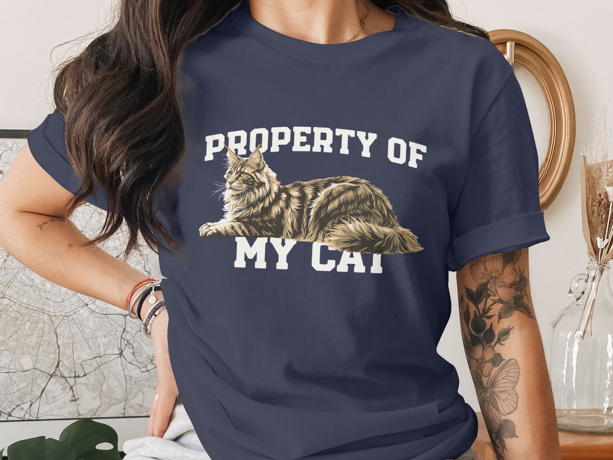 Navy t-shirt with "PROPERTY OF MY CAT" text and a cat illustration.