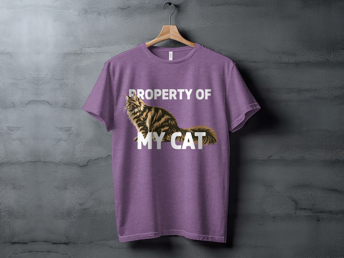 Purple t-shirt with a tabby cat and the text "Property of My Cat".