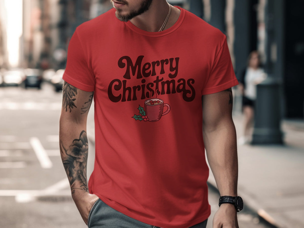 Red t-shirt with "Merry Christmas" text and a mug graphic.