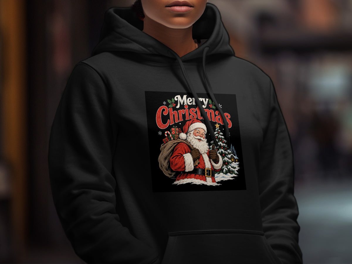 Black hoodie with "Merry Christmas" graphic featuring Santa Claus and a snowy scene.