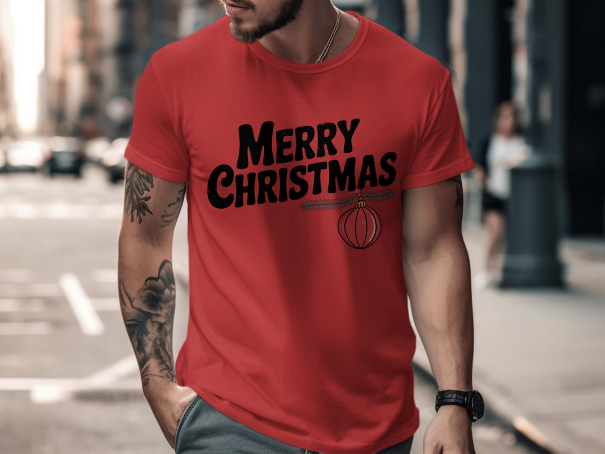 Red t-shirt with "Merry Christmas" text and a minimalist ornament.