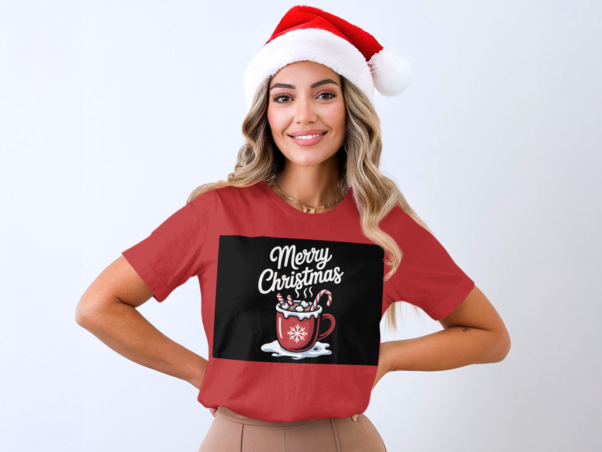 Red t-shirt with "Merry Christmas" graphic of hot chocolate mug.