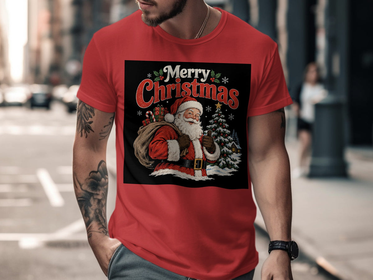 Red t-shirt with "Merry Christmas" and Santa Claus graphic.