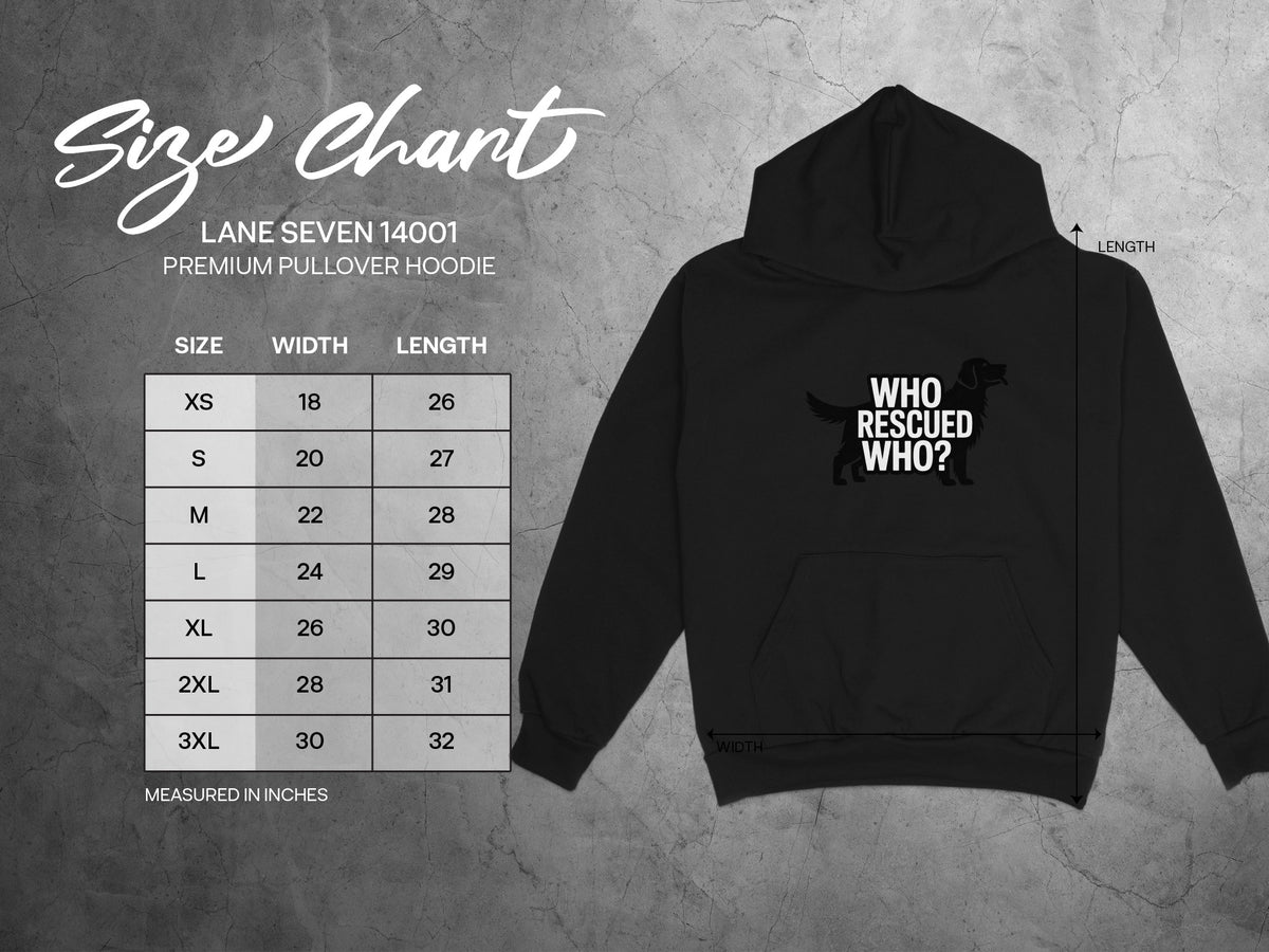 Size chart for Lane Seven 14001 Premium Pullover Hoodie with sizes XS to 3XL.