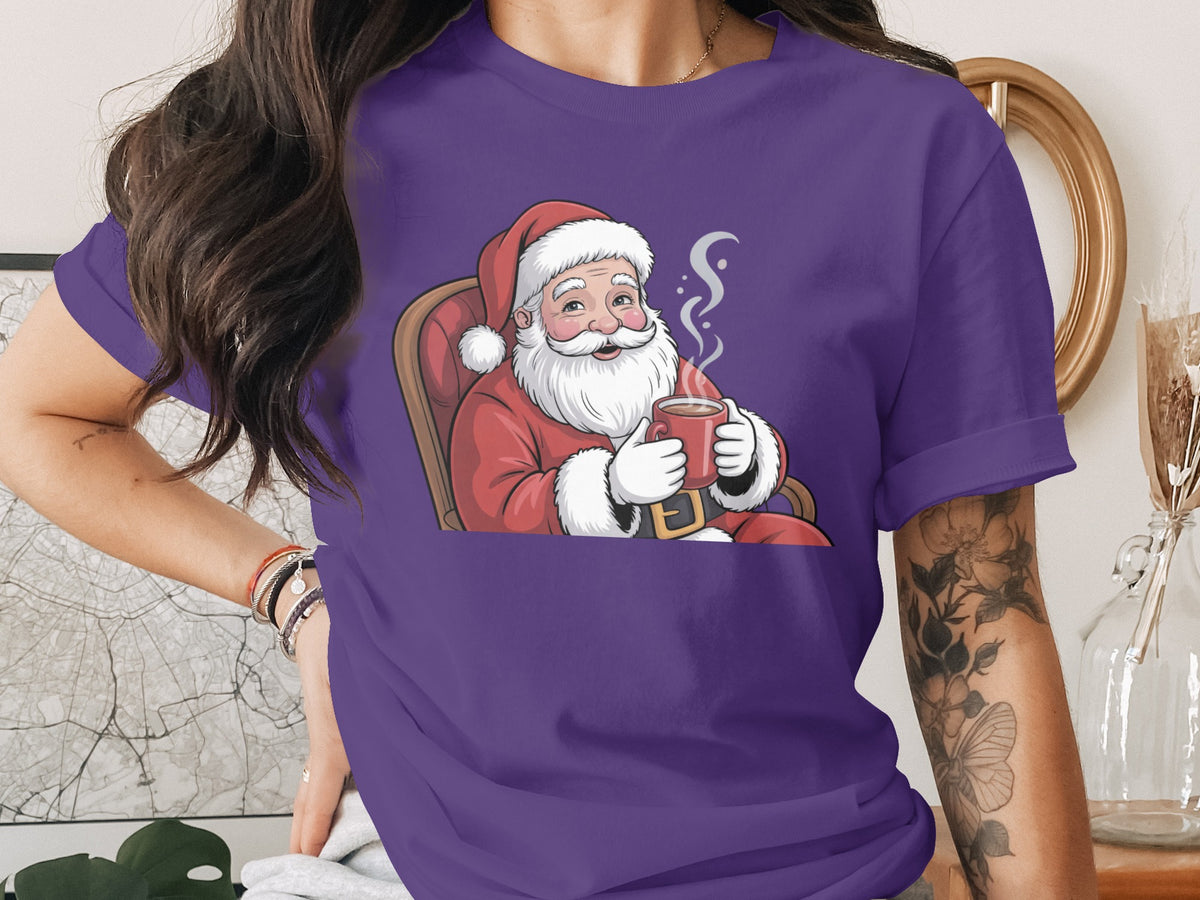Santa Claus in a chair holding a steaming mug of hot chocolate.