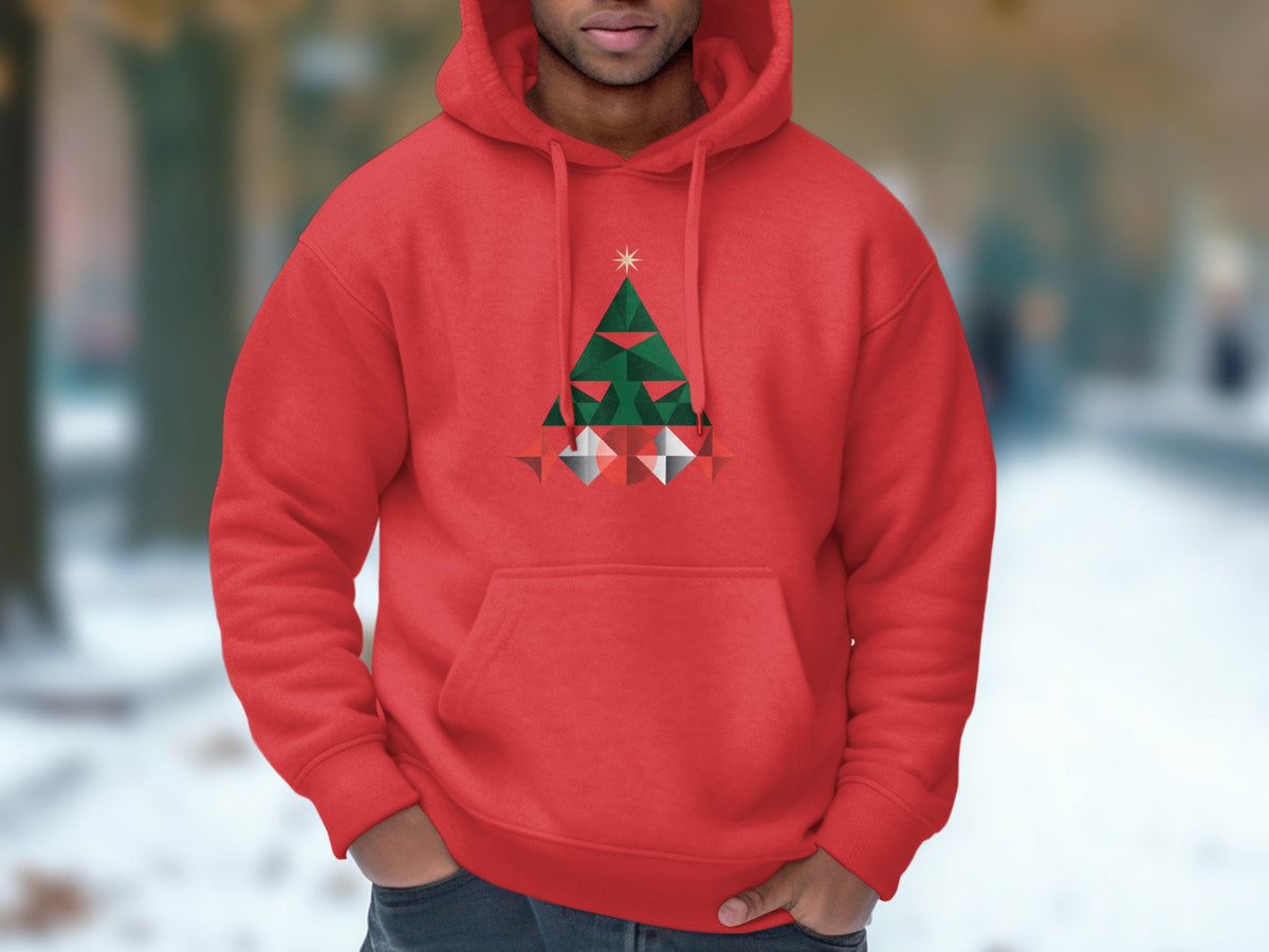 Red hoodie with a geometric Christmas tree graphic on the chest.