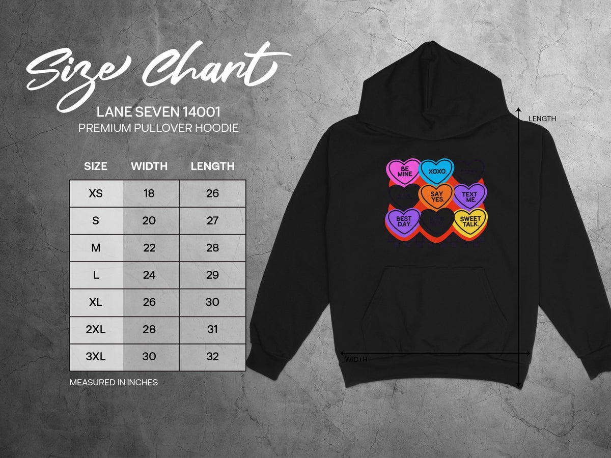 Lane Seven 14001 premium pullover hoodie size chart with width and length measurements.