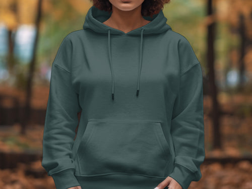 Person wearing a dark teal hooded sweatshirt with a front pocket.