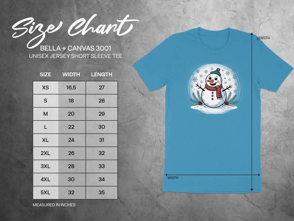 Bella + Canvas 3001 unisex t-shirt size chart with width and length measurements.
