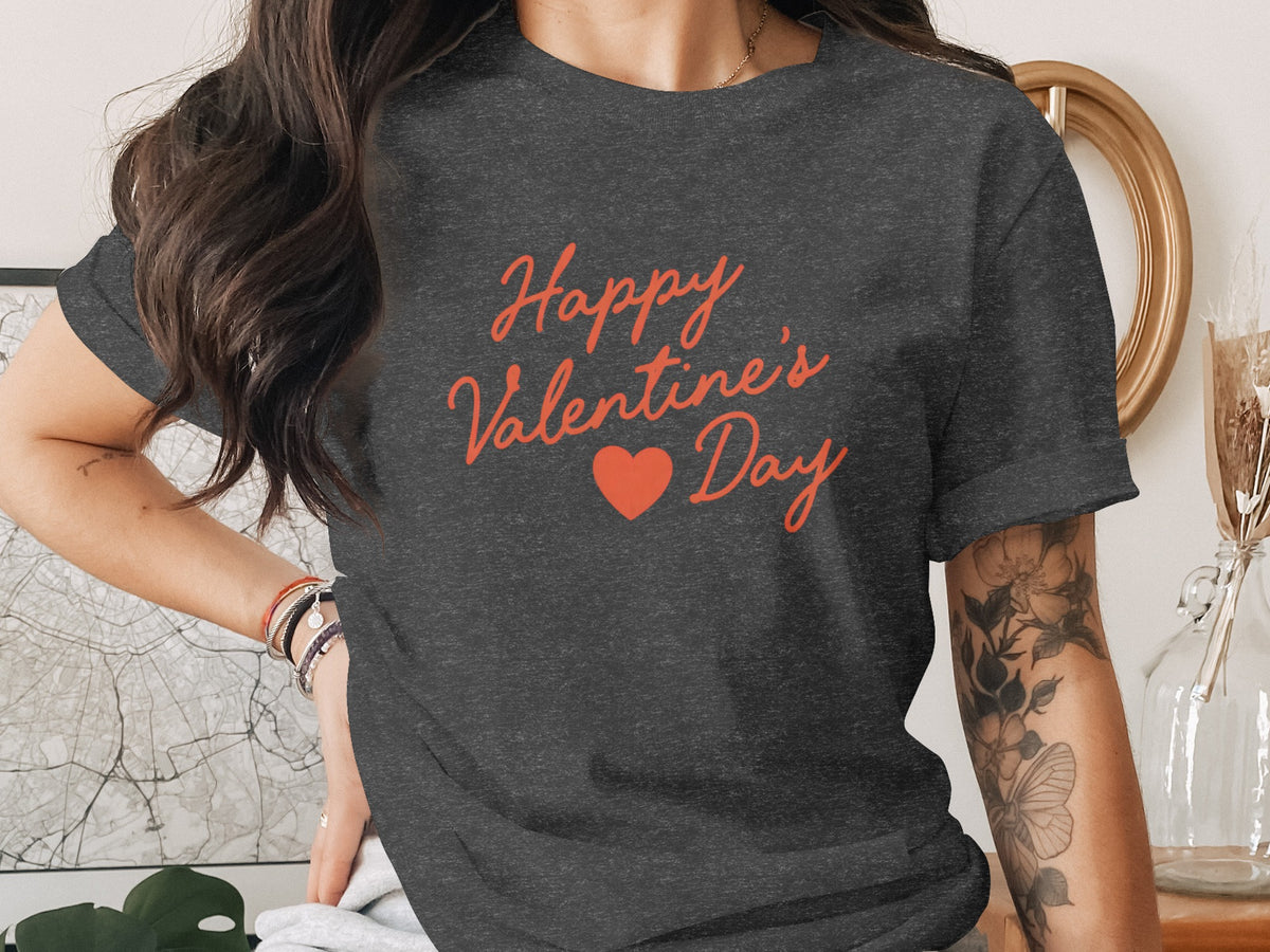 Dark grey t-shirt with "Happy Valentine's Day" in red script.