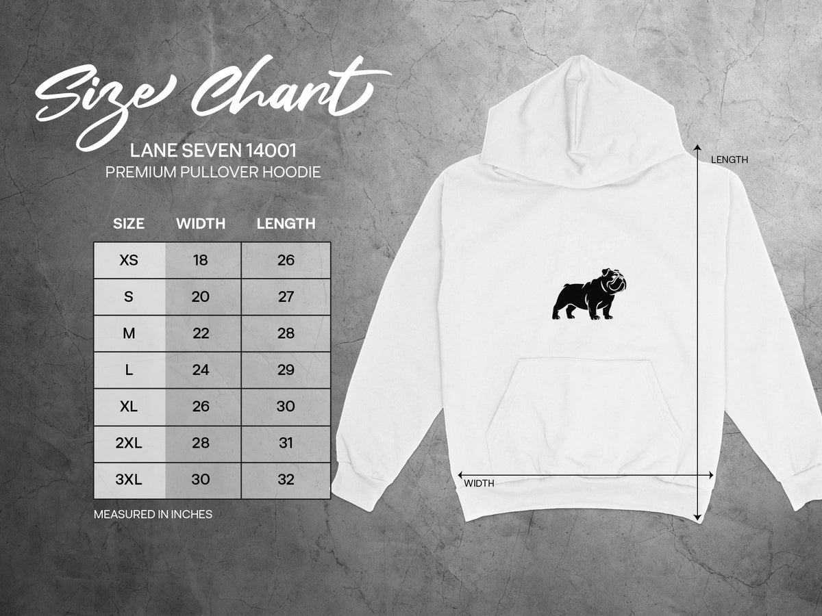 Lane Seven 14001 premium pullover hoodie size chart with width and length measurements.
