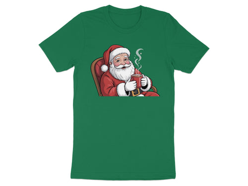 Santa Claus sitting in a chair holding a steaming mug of hot chocolate.