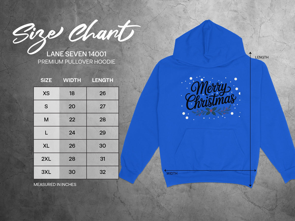 Lane Seven 14001 hoodie size chart with "Merry Christmas" graphic.