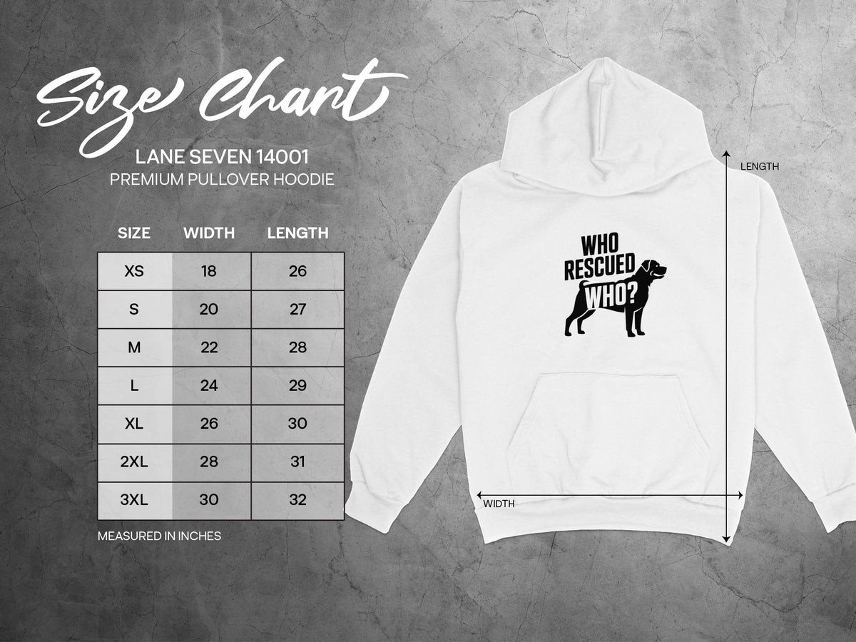 Size chart for Lane Seven 14001 premium pullover hoodie with dog graphic.