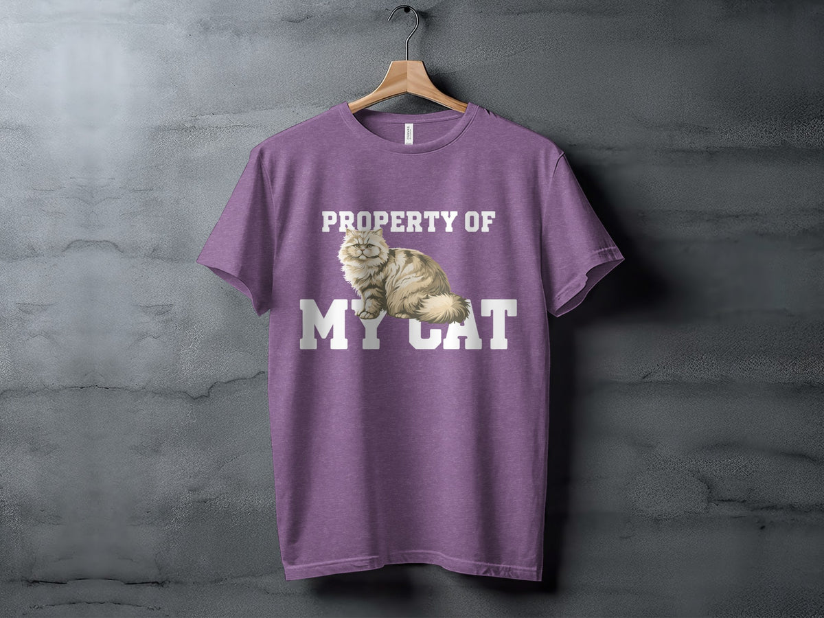Purple t-shirt with a fluffy cat and "Property of my cat" text.