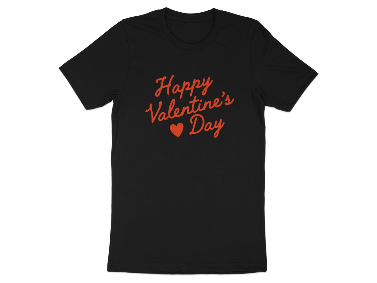Black t-shirt with red "Happy Valentine's Day" text and a heart.