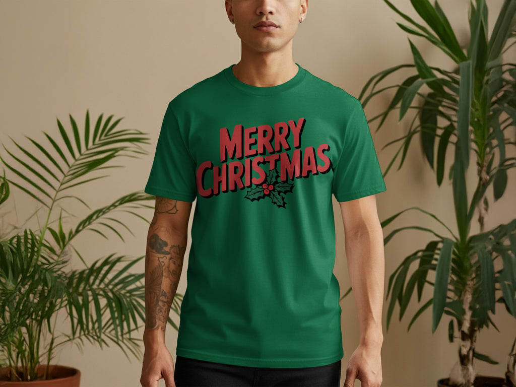 Green t-shirt with red "Merry Christmas" text and holly graphic.