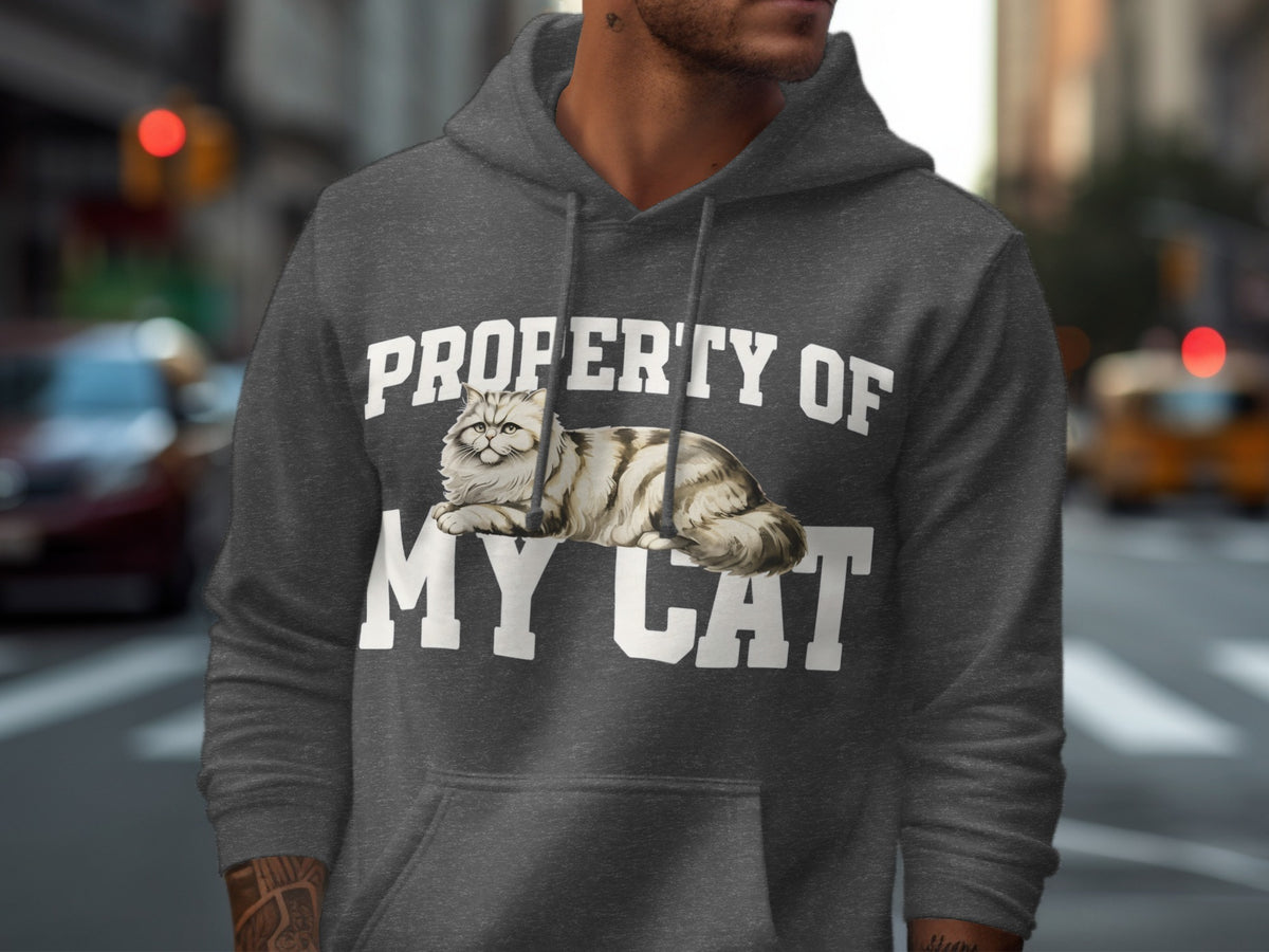 Dark gray hoodie with "PROPERTY OF MY CAT" and a cat graphic.