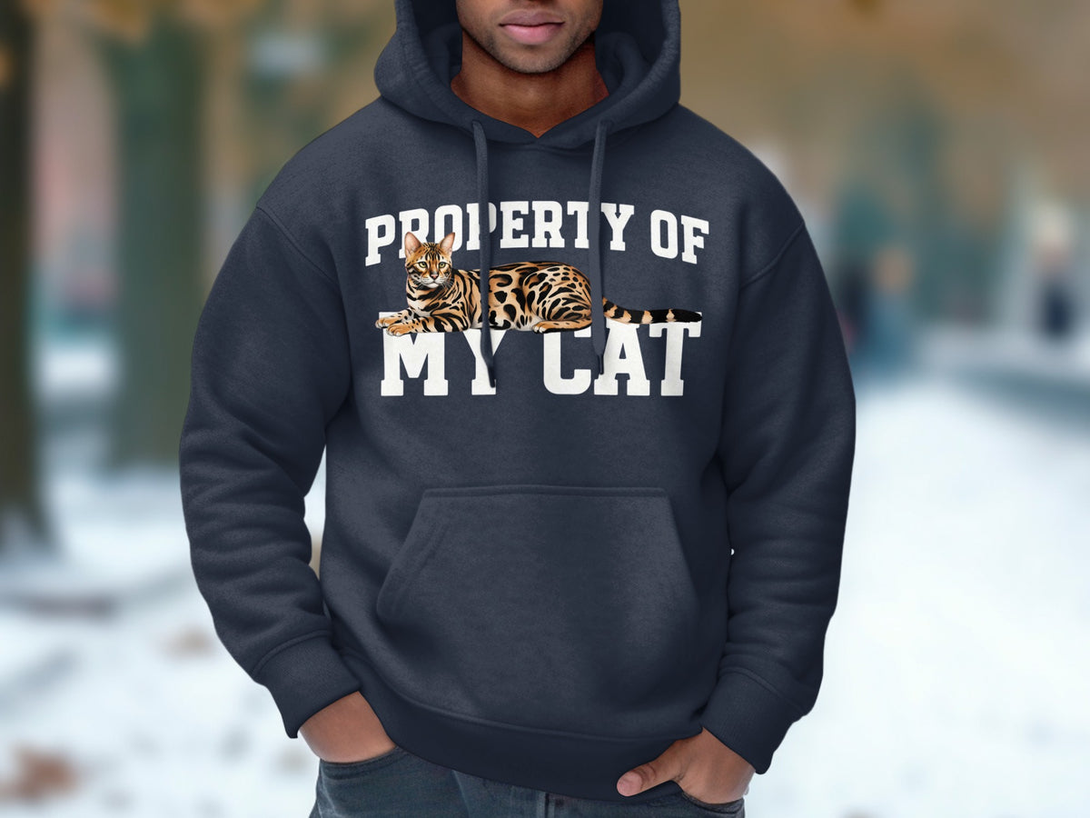 Navy hoodie with "Property of My Cat" text and a Bengal cat illustration.