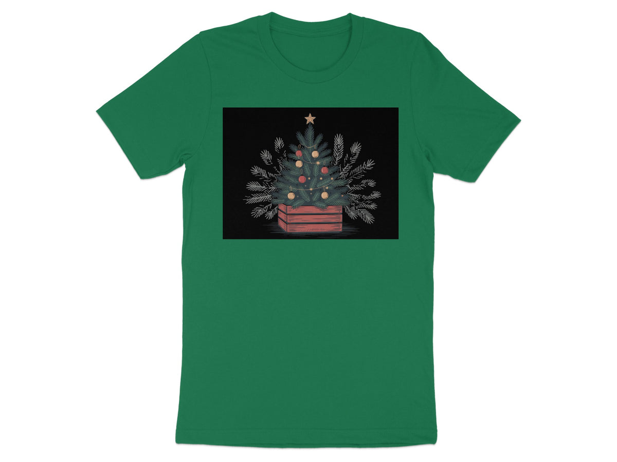 Christmas tree in a wooden planter with ornaments and star against black background