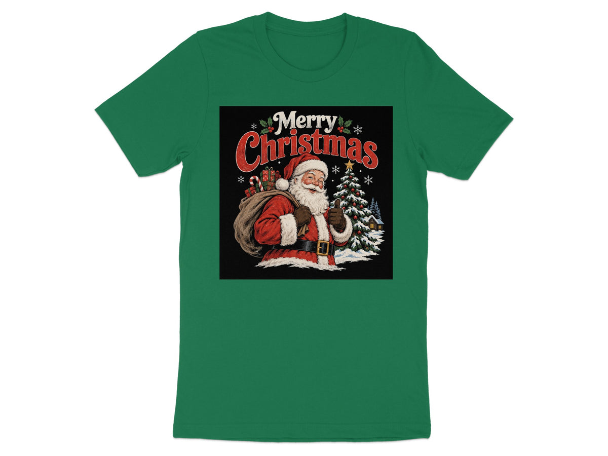 Santa Claus with gift bag and thumbs up, text "Merry Christmas" on green t-shirt.