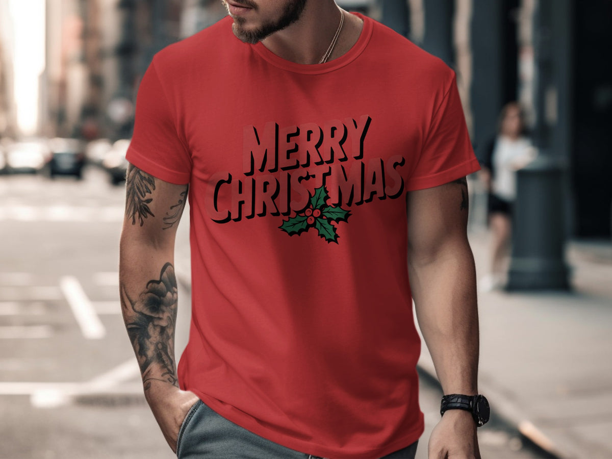 Red t-shirt with "MERRY CHRISTMAS" text and holly accent.