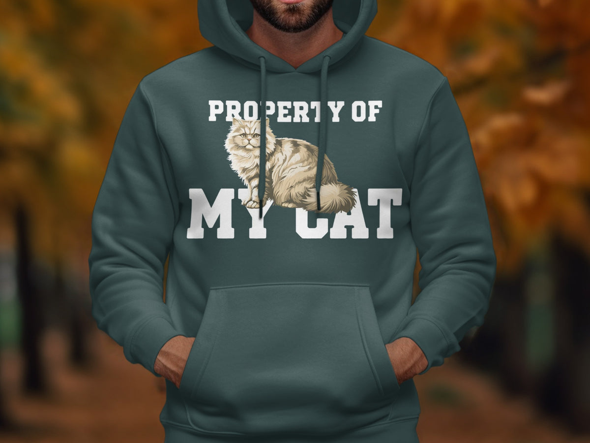 Dark green hoodie with "Property of My Cat" text and a fluffy cat illustration.