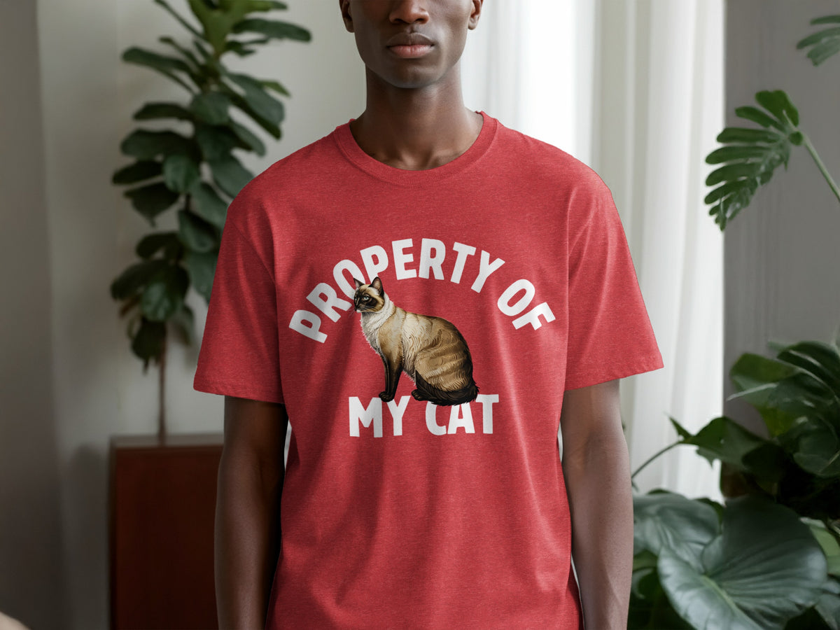 Red t-shirt with white text "PROPERTY OF MY CAT" and a Siamese cat graphic.