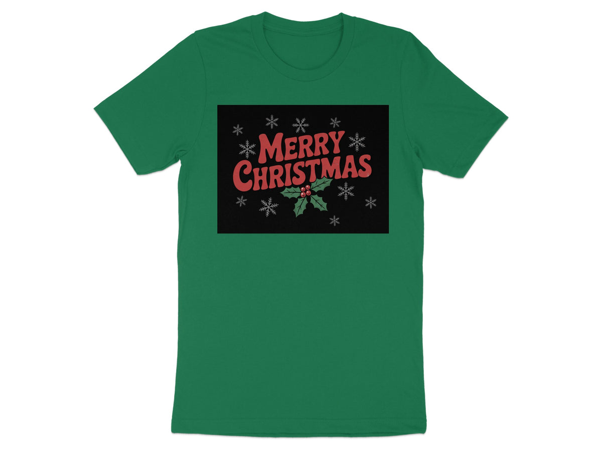 Green t-shirt with "Merry Christmas" text and holly graphic.