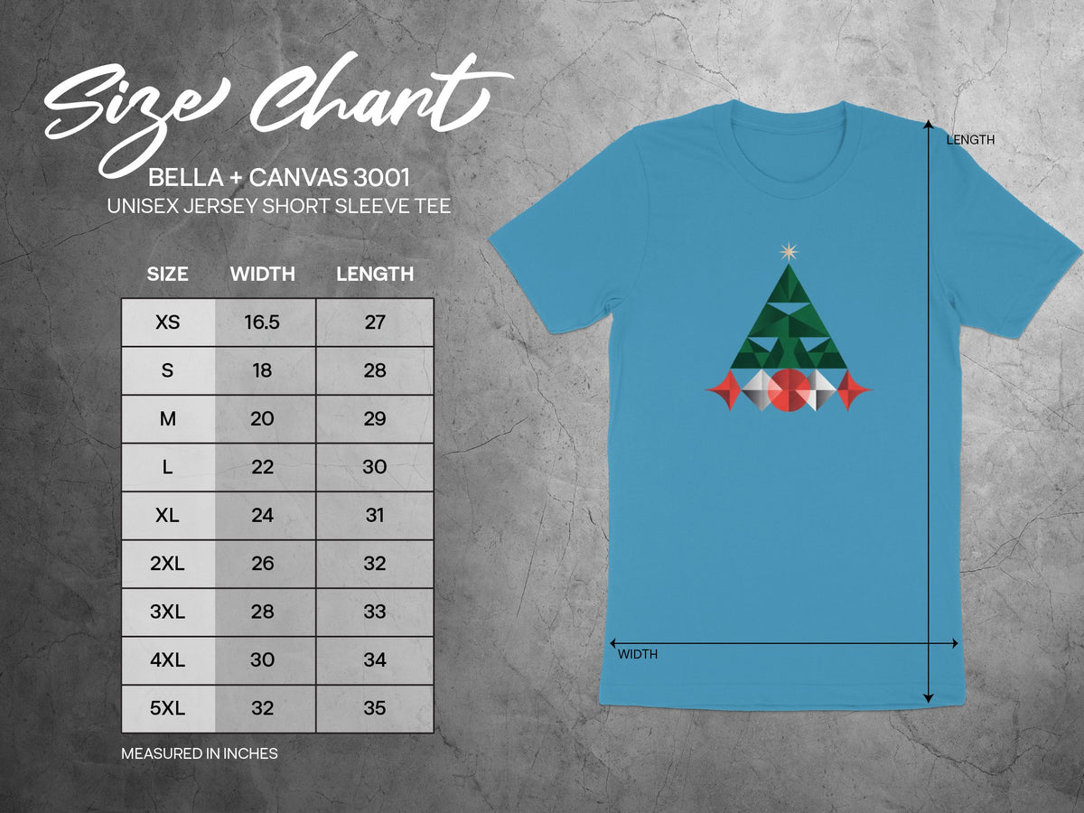 Bella + Canvas 3001 unisex t-shirt size chart with width and length measurements.