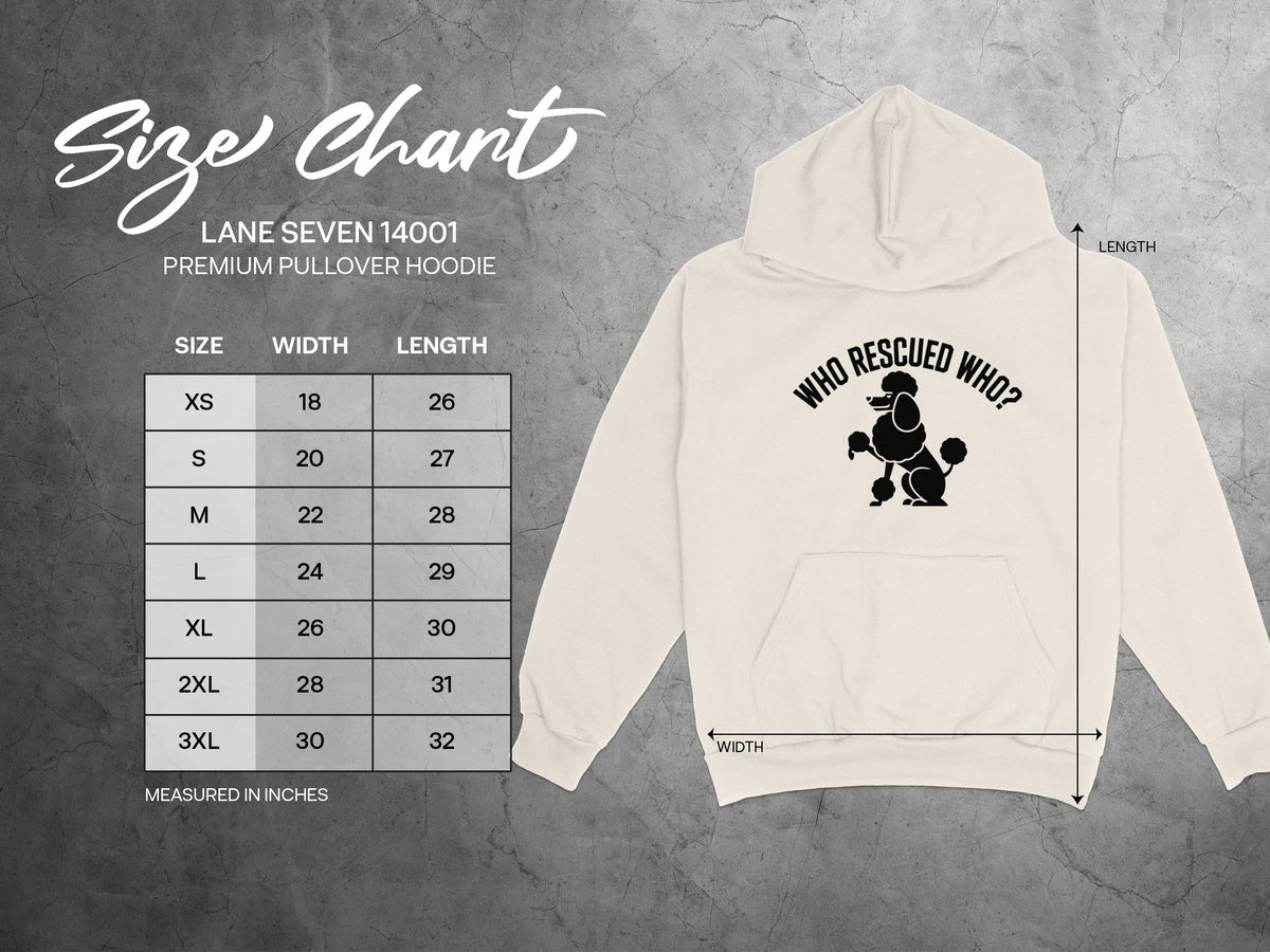 Lane Seven 14001 hoodie size chart with width and length measurements in inches.
