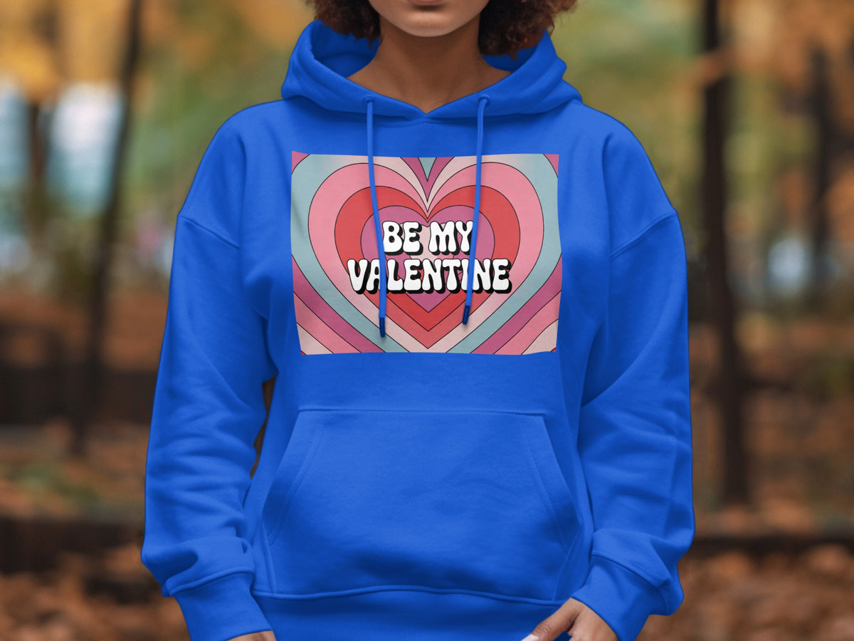 Blue hoodie with a retro heart design and "Be My Valentine" text.