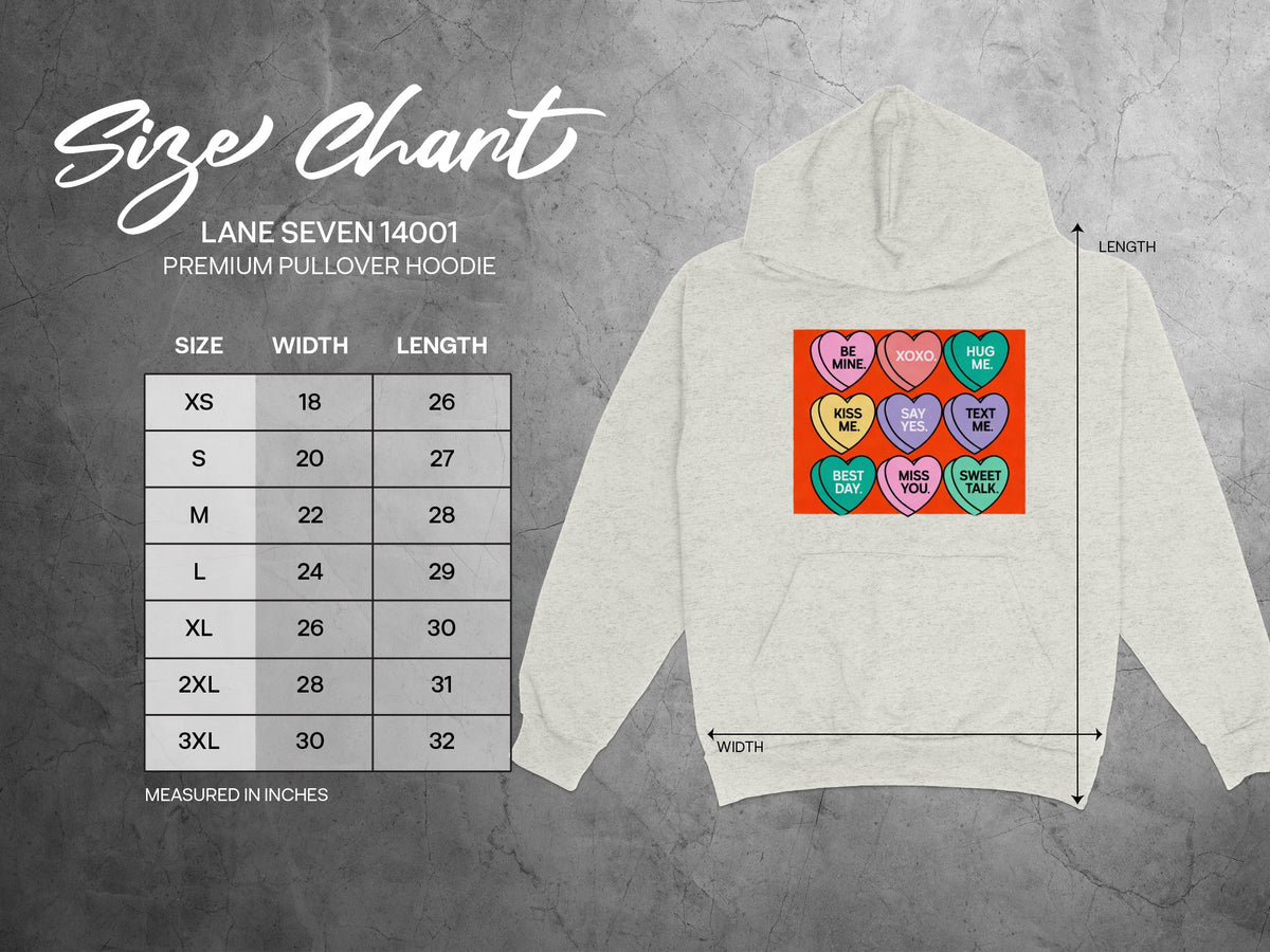 Lane Seven 14001 hoodie size chart with candy heart graphic, measured in inches.