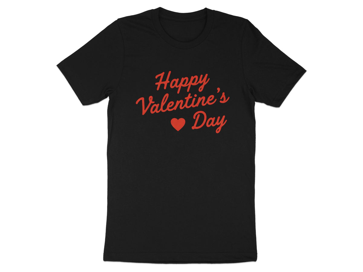 Black t-shirt with red "Happy Valentine's Day" text and heart.