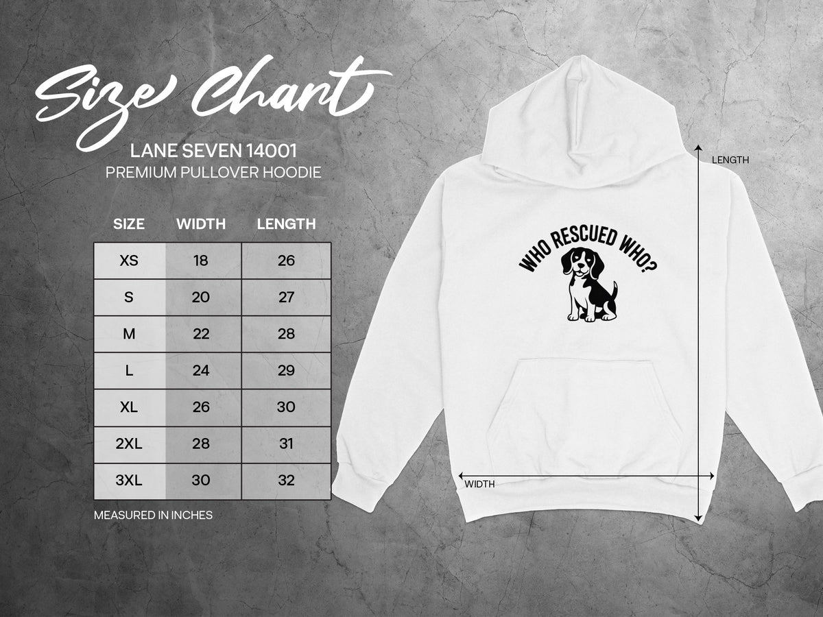 Size chart for Lane Seven 14001 premium pullover hoodie with dog graphic.