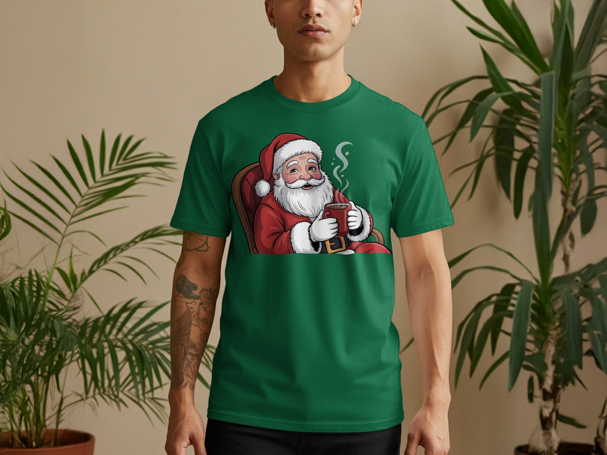 Green t-shirt with a graphic of Santa Claus holding a mug of hot drink.