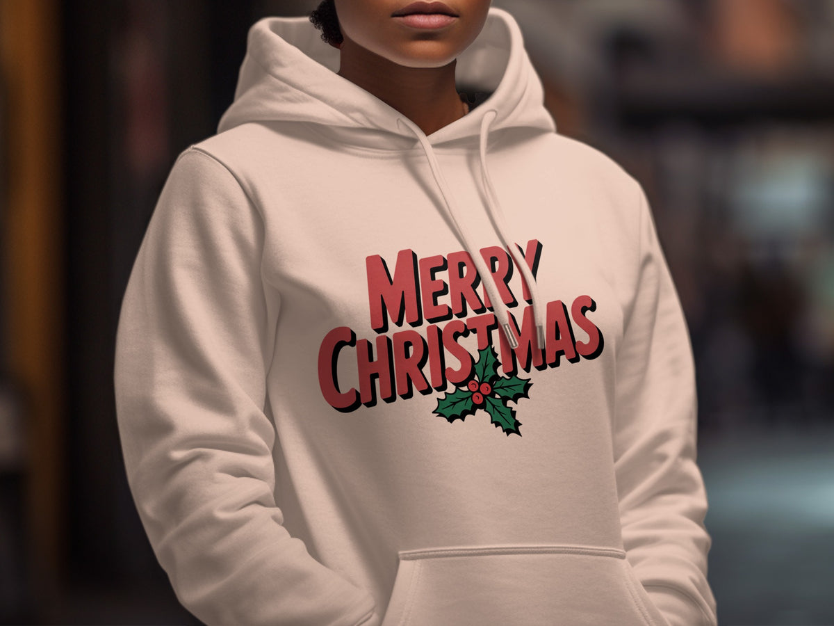 White hoodie with "MERRY CHRISTMAS" text and holly graphic.