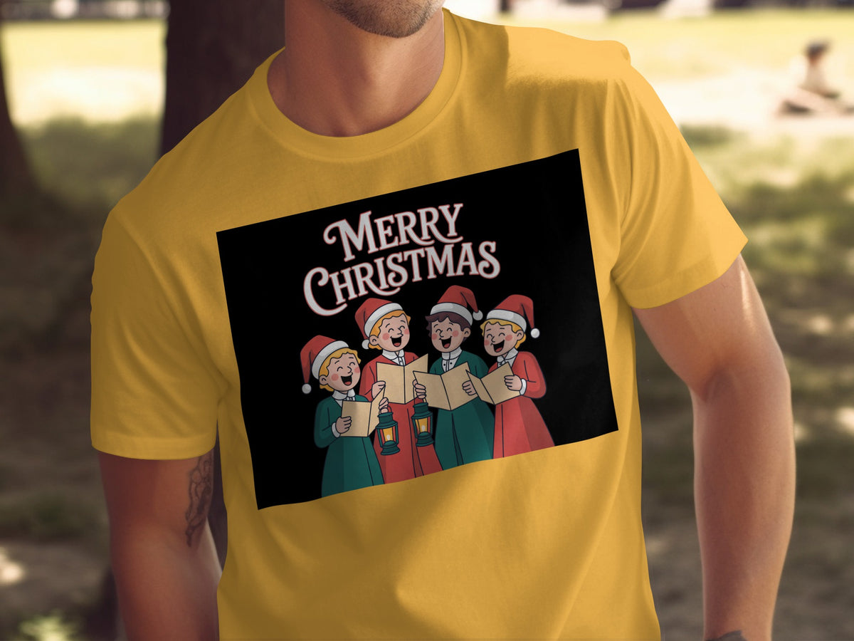 Yellow t-shirt with a "Merry Christmas" graphic of four carolers.