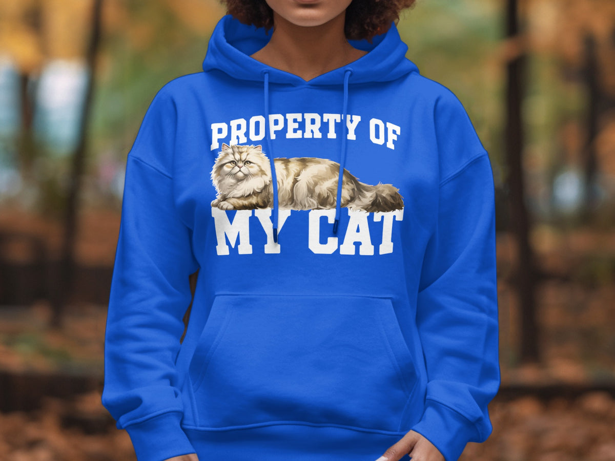Blue hoodie with "PROPERTY OF MY CAT" text and a Persian cat illustration.