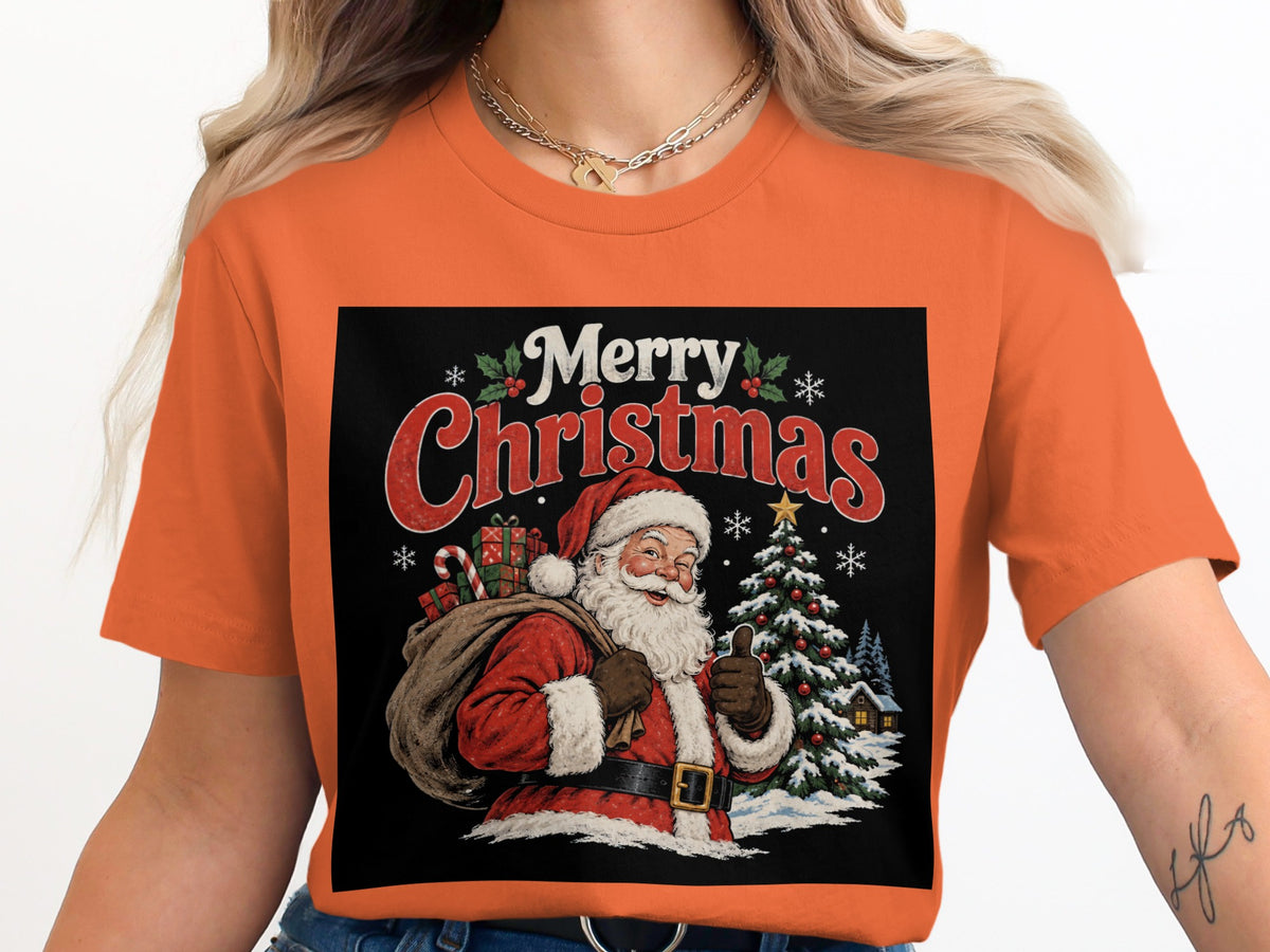 Santa Claus with a sack of gifts and a Christmas tree, with "Merry Christmas" text.