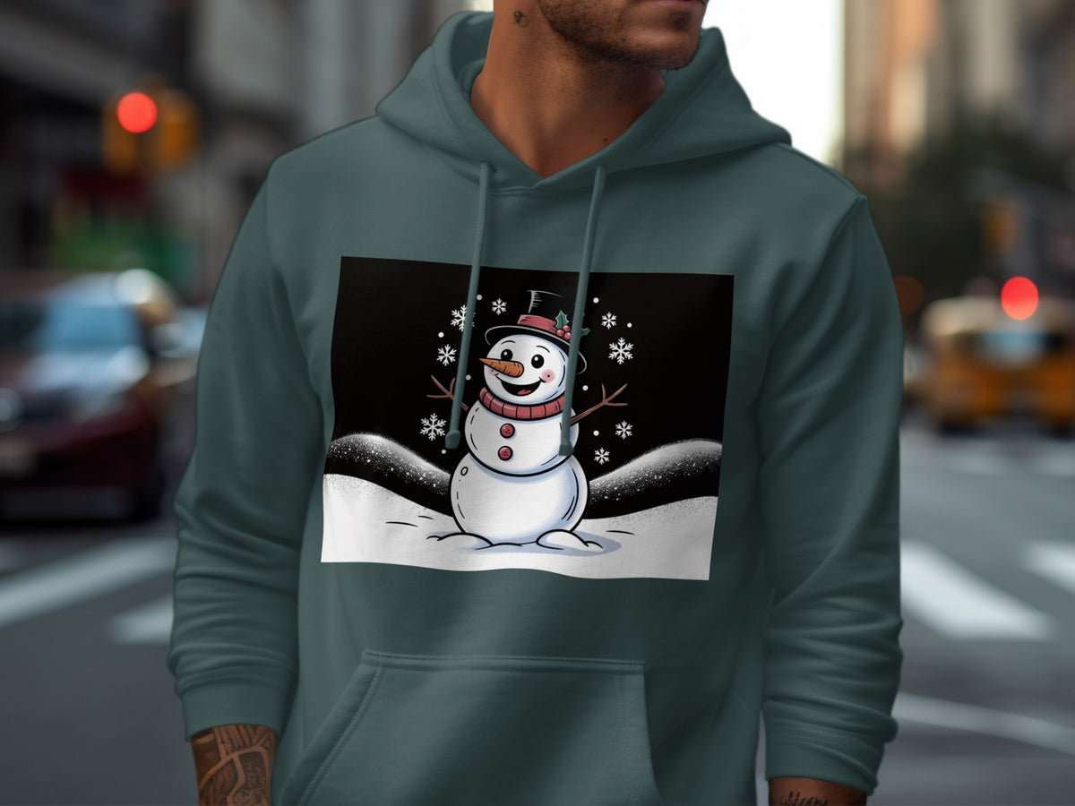 Green hoodie with a smiling snowman wearing a hat and scarf design.