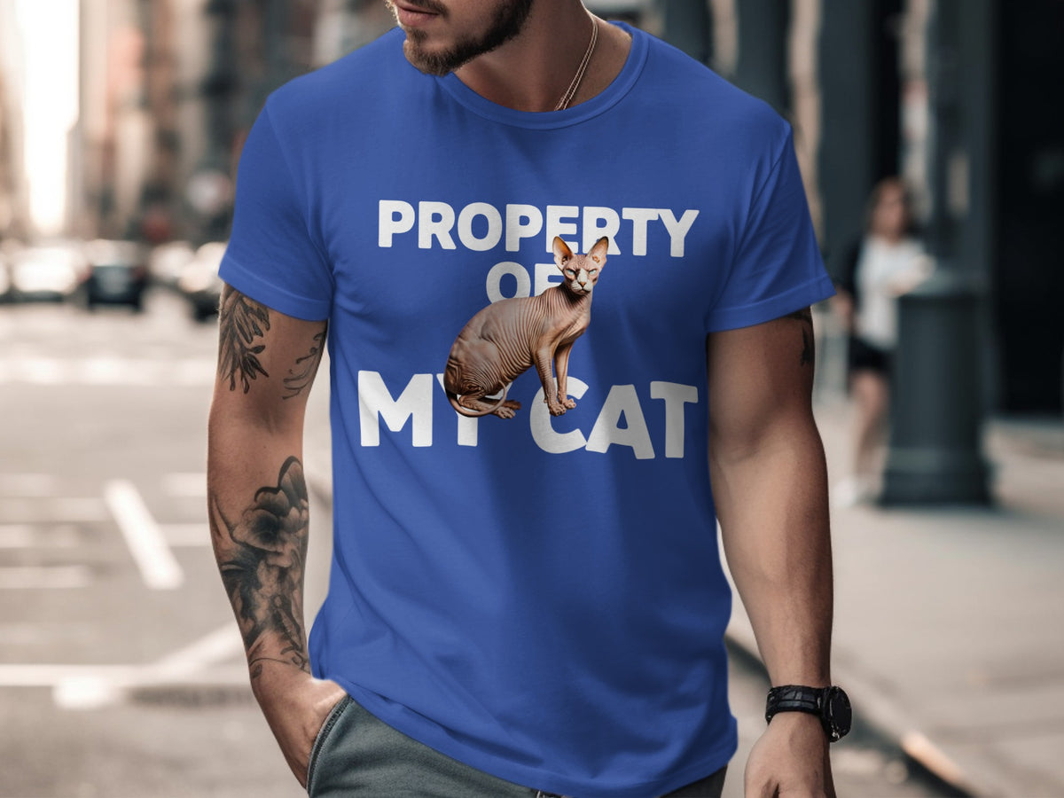 Blue t-shirt with "PROPERTY OF MY CAT" and a Sphynx cat graphic.