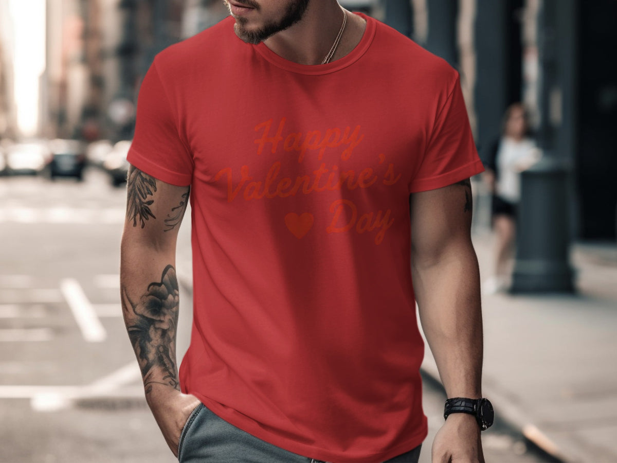 Red t-shirt with "Happy Valentine's Day" text and a heart.