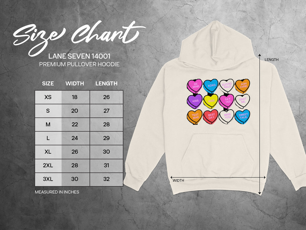 Lane Seven 14001 hoodie size chart with width and length measurements in inches.